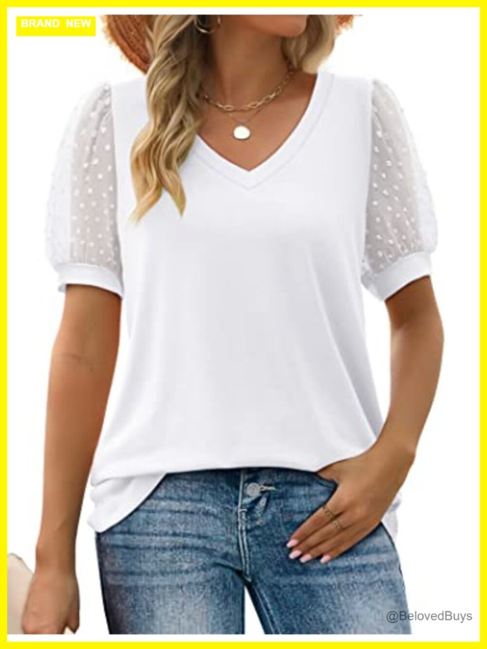 Womens Summer V Neck Puff Sleeve Swiss Dot Loose Casual T Shirt Top